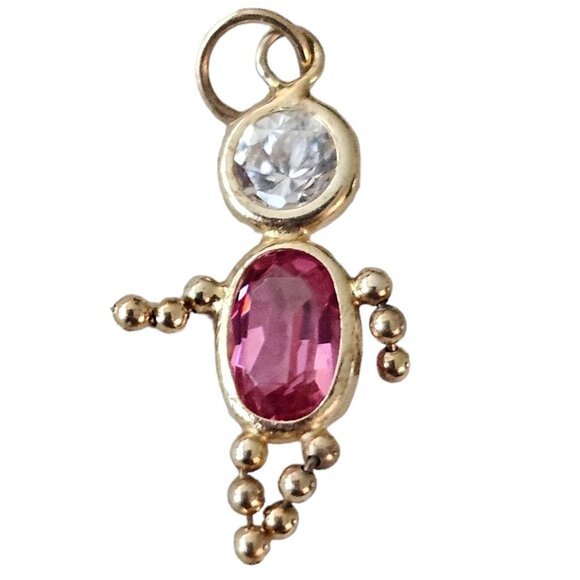 14K Yellow Gold Pink Clear CZ Girl Charm Pendant L78 - Picture 2 of 6
